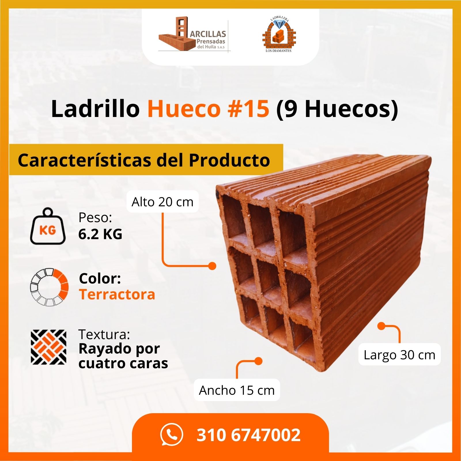 Ladrillo Hueco #15 (9 Huecos) — medidas técnicas